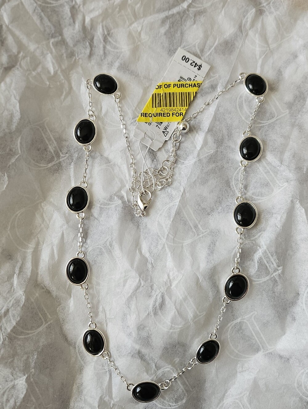 Silver Chain Necklace with Black Oval Stones